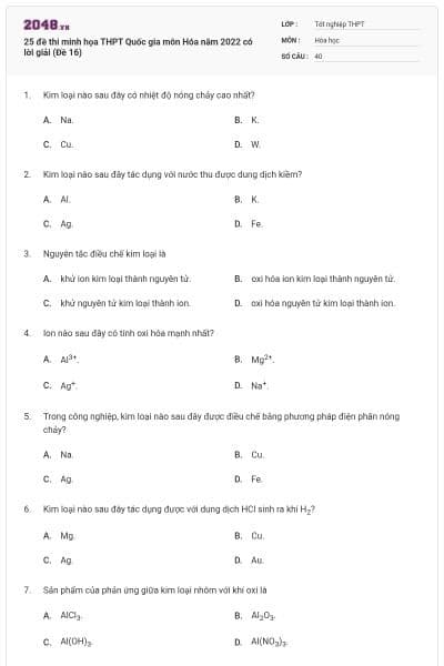 25 đề thi minh họa THPT Quốc gia môn Hóa năm 2022 có lời giải (Đề 16)