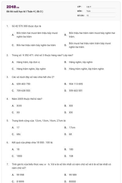 Đề thi cuối học kì I Toán 4 ( đề 3 )