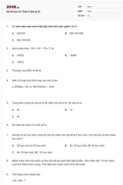 Đề thi học kì I Toán 4 (Đề số 2)