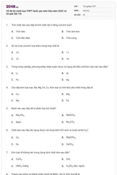 25 đề thi minh họa THPT Quốc gia môn Hóa năm 2022 có lời giải (Đề 19)