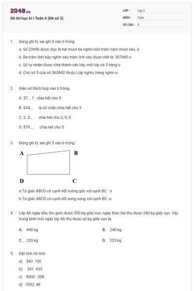 Đề thi học kì I Toán 4 (Đề số 3)