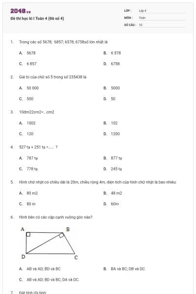 Đề thi học kì I Toán 4 (Đề số 4)