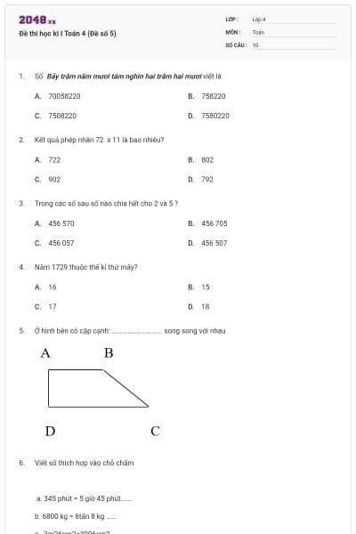 Đề thi học kì I Toán 4 (Đề số 5)