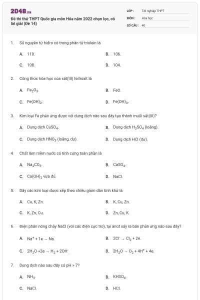 Đề thi thử THPT Quốc gia môn Hóa năm 2022 chọn lọc, có lời giải (Đề 14)