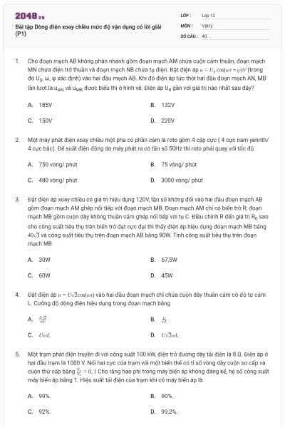 Bài tập Dòng điện xoay chiều mức độ vận dụng có lời giải (P1)