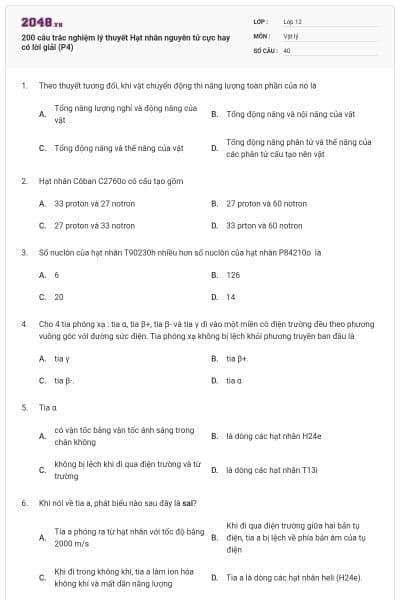 200 câu trắc nghiệm lý thuyết Hạt nhân nguyên tử cực hay có lời giải (P4)
