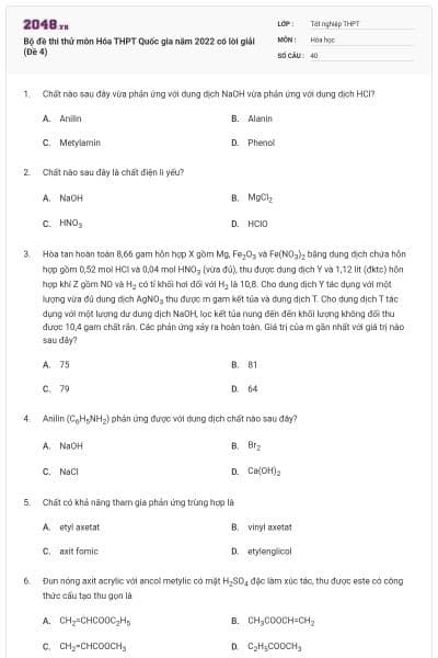 Bộ đề thi thử môn Hóa THPT Quốc gia năm 2022 có lời giải (Đề 4)