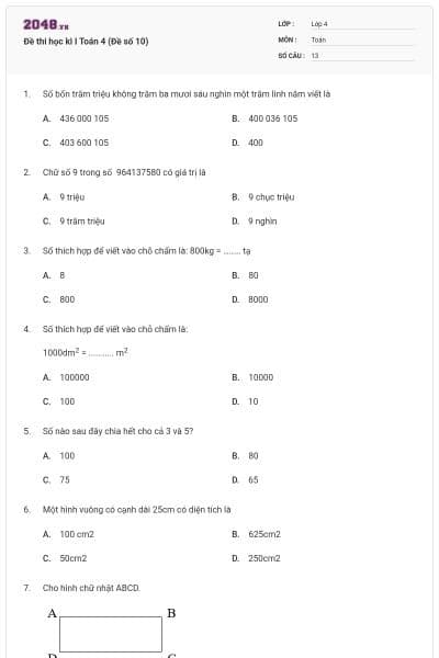 Đề thi học kì I Toán 4 (Đề số 10)