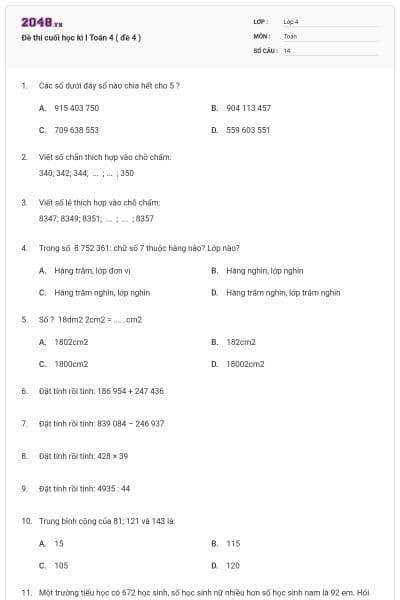 Đề thi cuối học kì I Toán 4 ( đề 4 )