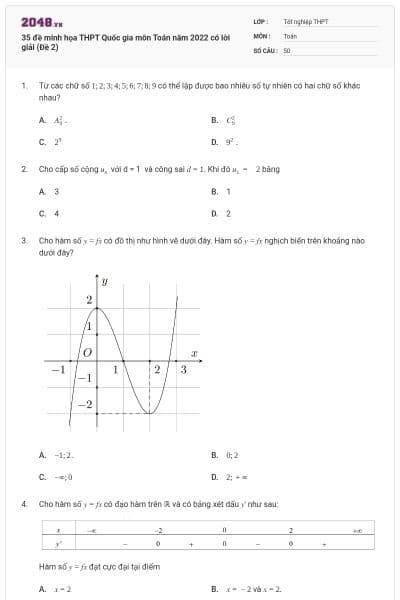 35 đề minh họa THPT Quốc gia môn Toán năm 2022 có lời giải (Đề 2)