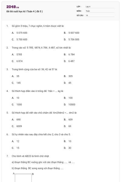 Đề thi cuối học kì I Toán 4 ( đề 5 )