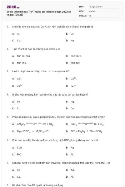 25 đề thi minh họa THPT Quốc gia môn Hóa năm 2022 có lời giải (Đề 23)