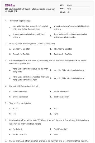 200 câu trắc nghiệm lý thuyết Hạt nhân nguyên tử cực hay có lời giải (P5)
