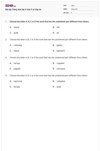 Bài tập Tiếng Anh lớp 6 Unit 4 có đáp án