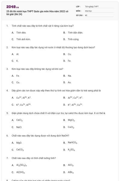 25 đề thi minh họa THPT Quốc gia môn Hóa năm 2022 có lời giải (Đề 24)