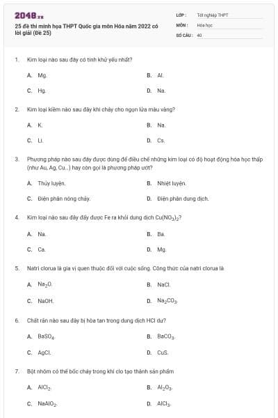 25 đề thi minh họa THPT Quốc gia môn Hóa năm 2022 có lời giải (Đề 25)