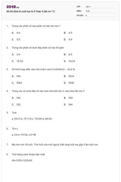 Đề thi định kì cuối học kì II Toán 4 (Đề số 11)