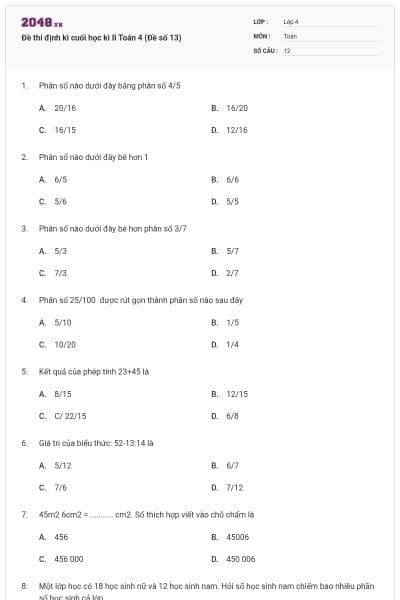 Đề thi định kì cuối học kì II Toán 4 (Đề số 13)