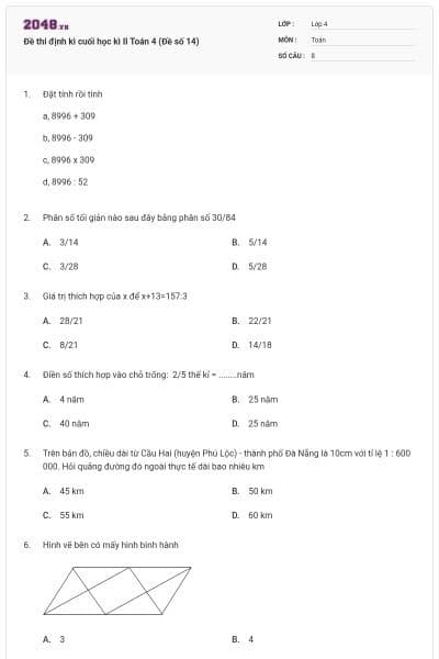 Đề thi định kì cuối học kì II Toán 4 (Đề số 14)