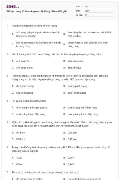 Bài tập Lượng tử ánh sáng mức độ thông hiểu có lời giải