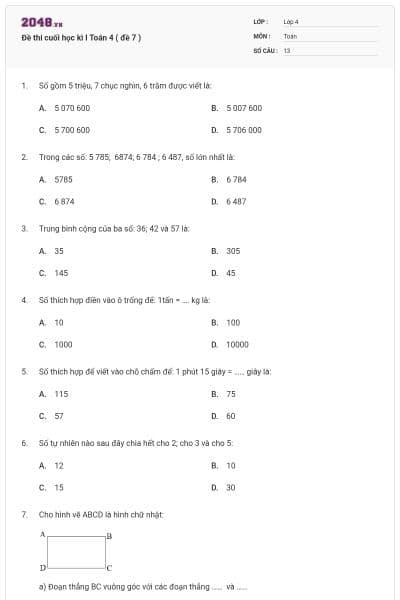 Đề thi cuối học kì I Toán 4 ( đề 7 )