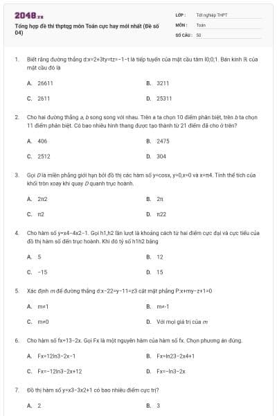 Tổng hợp đề thi thptqg môn Toán cực hay mới nhất (Đề số 04)