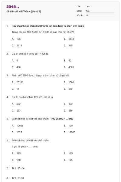 Đề thi cuối kì II Toán 4 (Đề số 8)
