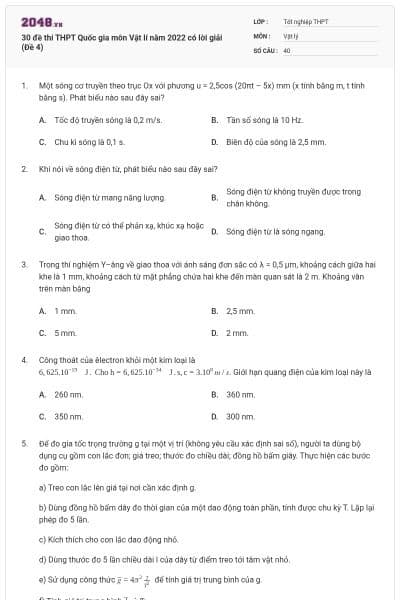 30 đề thi THPT Quốc gia môn Vật lí năm 2022 có lời giải (Đề 4)