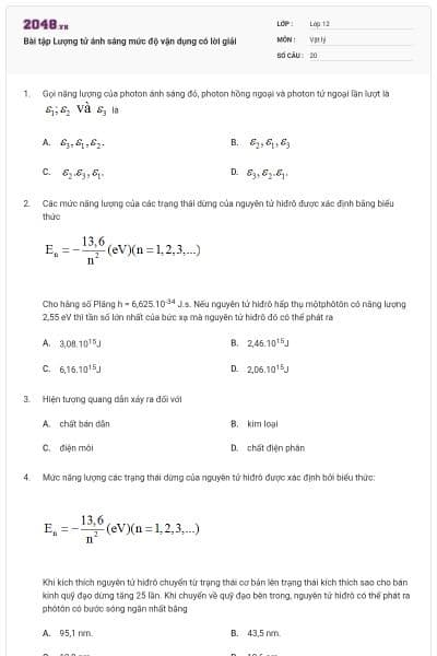 Bài tập Lượng tử ánh sáng mức độ vận dụng có lời giải