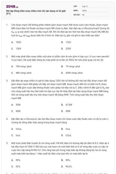 Bài tập Dòng điện xoay chiều mức độ vận dụng có lời giải (P1)