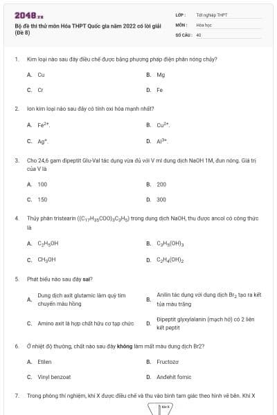 Bộ đề thi thử môn Hóa THPT Quốc gia năm 2022 có lời giải (Đề 8)