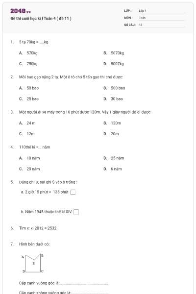Đề thi cuối học kì I Toán 4 ( đề 11 )