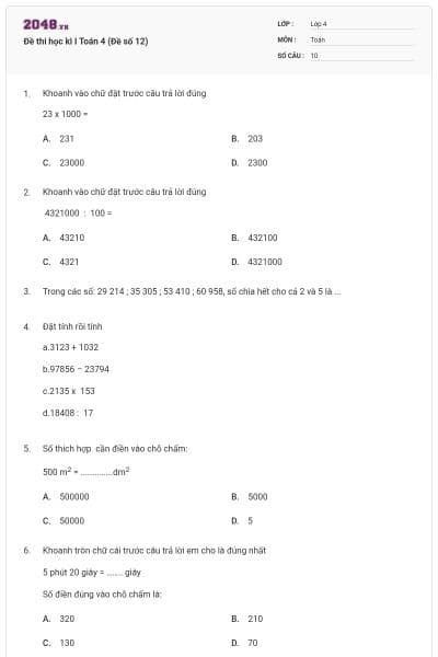 Đề thi học kì I Toán 4 (Đề số 12)