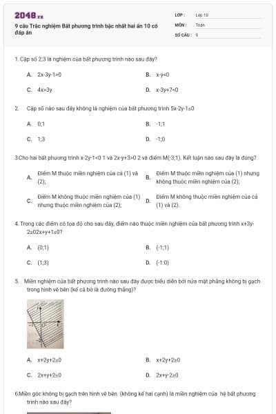 9 câu  Trắc nghiệm Bất phương trình bậc nhất hai ẩn 10 có đáp án