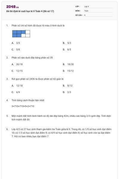 Đề thi định kì cuối học kì II Toán 4 (Đề số 17)