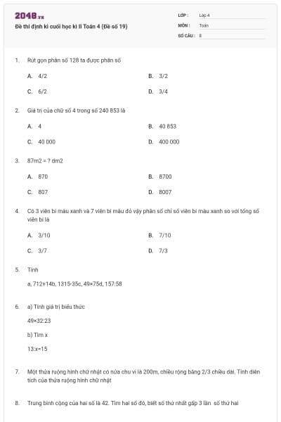 Đề thi định kì cuối học kì II Toán 4 (Đề số 19)