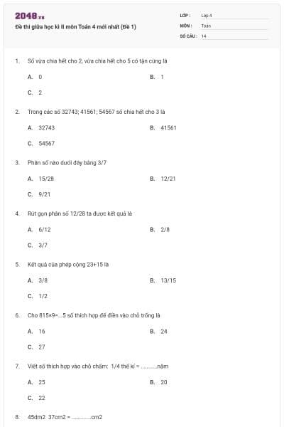 Đề thi giữa học kì II môn Toán 4 mới nhất (Đề 1)