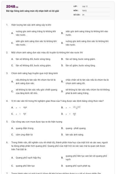 Bài tập Sóng ánh sáng mức độ nhận biết có lời giải