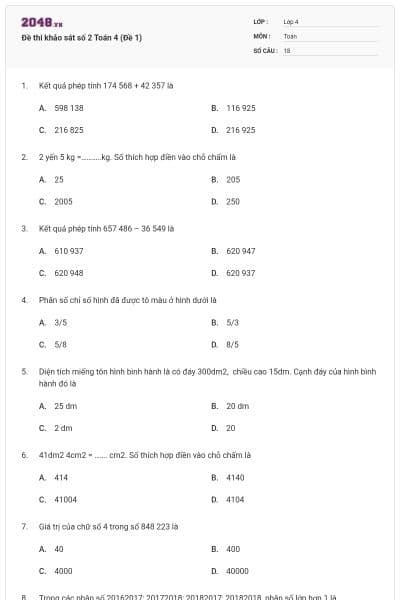Đề thi khảo sát số 2 Toán 4 (Đề 1)