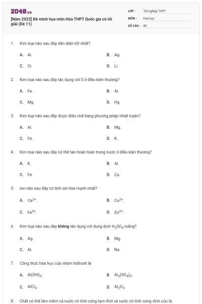 [Năm 2022] Đề minh họa môn Hóa THPT Quốc gia có lời giải (Đề 11)