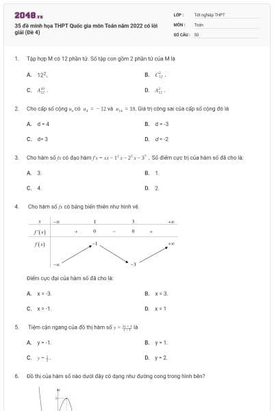 35 đề minh họa THPT Quốc gia môn Toán năm 2022 có lời giải (Đề 4)