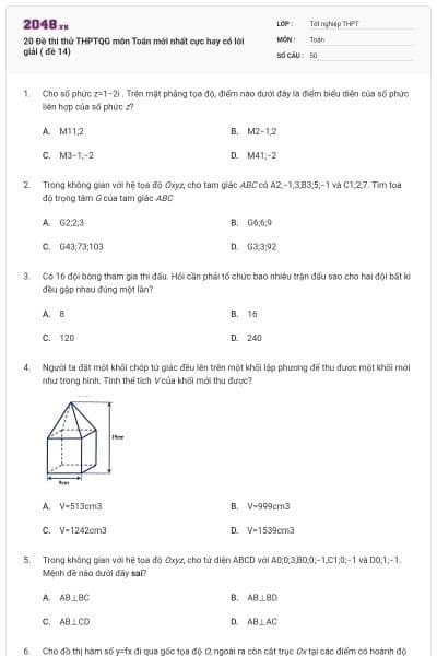 20 Đề thi thử THPTQG môn Toán mới nhất cực hay có lời giải ( đề 14)