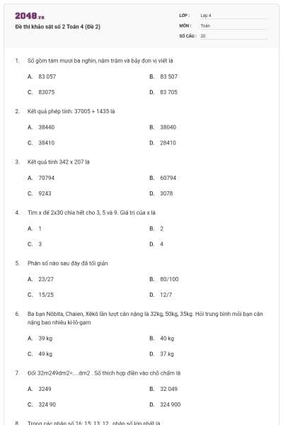 Đề thi khảo sát số 2 Toán 4 (Đề 2)