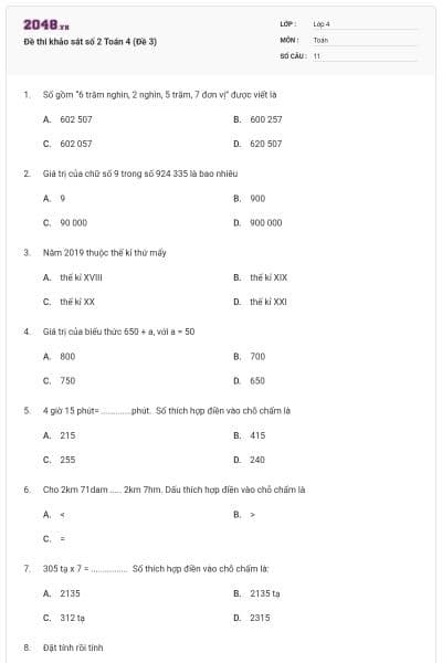 Đề thi khảo sát số 2 Toán 4 (Đề 3)