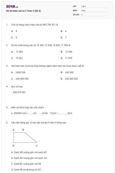 Đề thi khảo sát số 2 Toán 4 (Đề 4)