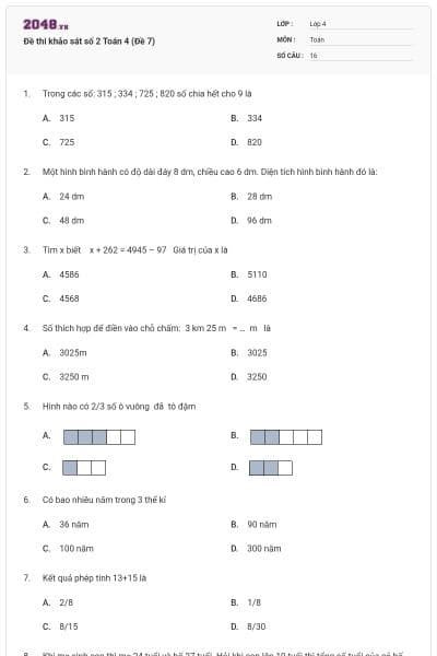 Đề thi khảo sát số 2 Toán 4 (Đề 7)