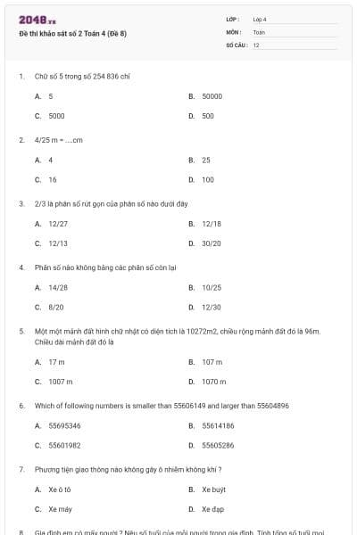 Đề thi khảo sát số 2 Toán 4 (Đề 8)