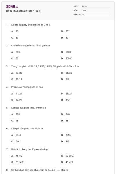 Đề thi khảo sát số 2 Toán 4 (Đề 9)