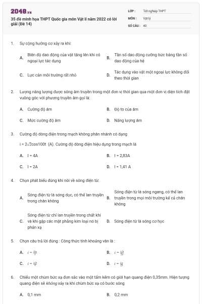 35 đề minh họa THPT Quốc gia môn Vật lí năm 2022 có lời giải (Đề 14)
