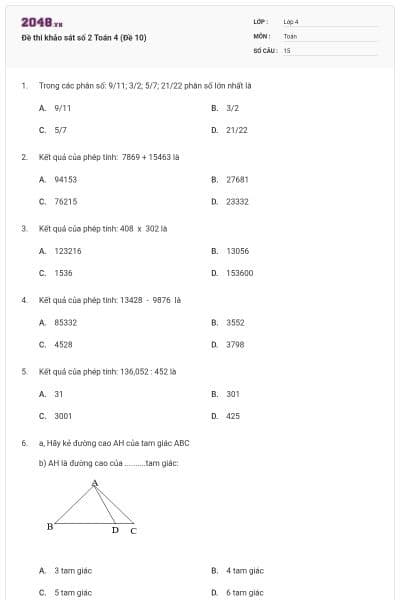 Đề thi khảo sát số 2 Toán 4 (Đề 10)